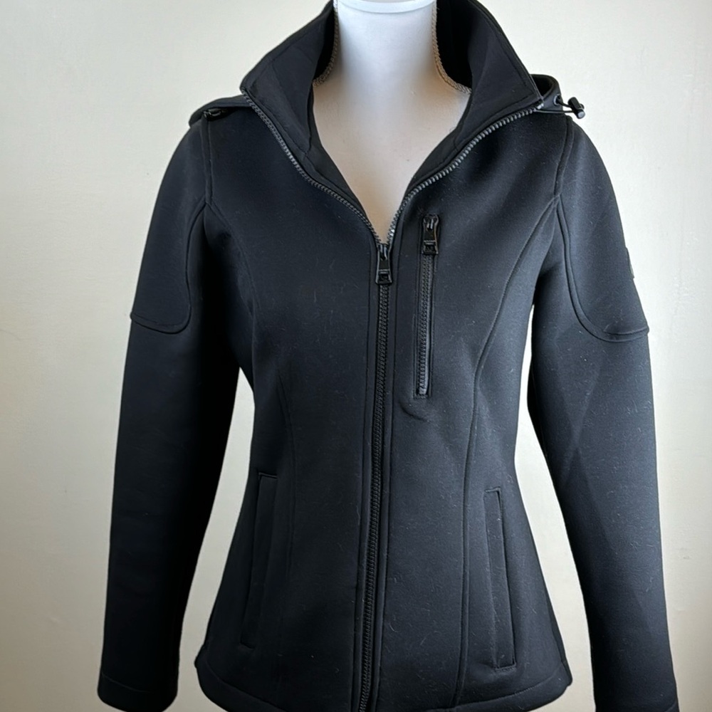 Andrew Marc Women Jacket Small Black Hooded Performance Material Scuba